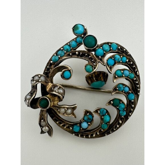 Antique Victorian 9kt gold genuine turquoise cabochons seed pearls bow brooch - Picture 3 of 12